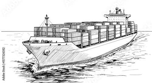 Cargo Ship with Containers Black and White Sketch Illustration