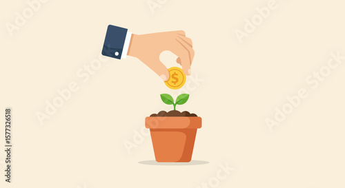 Investing in Growth Hand Placing Coin in Pot with Seedling - Symbolizing Financial Investments and Sustainable Development