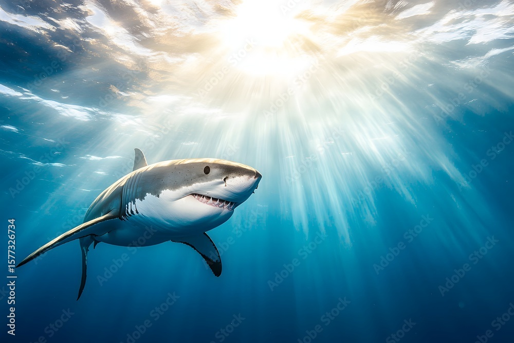 Fototapeta premium Majestic Great White Shark Swimming Gracefully in Clear Ocean Waters