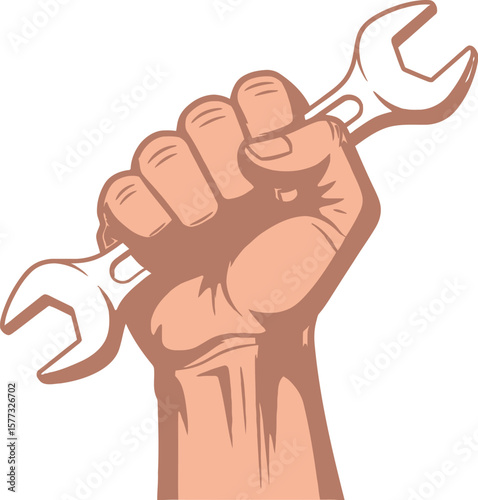 A hand holding a silver wrench with a white background illustration