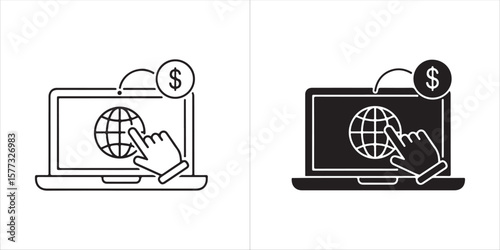 Online Global Business Transaction Vector Icon Set Featuring Laptop, Globe, Hand