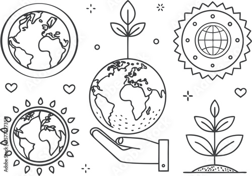 Black and White Minimalist Earth and Planet Care Icons Vector on Transparent Background
