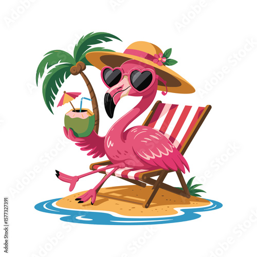 Pink flamingo with oversized glasses relaxing on beach near coconut tree with drink. Vector illustration design.