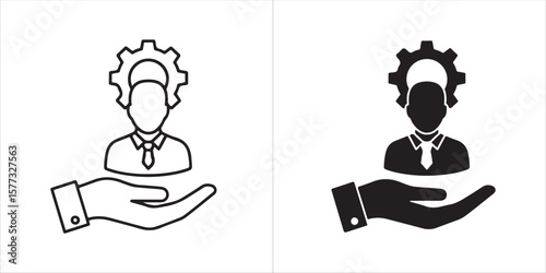 Business Support Vector Icon Featuring a Hand Offering Assistance and a Person with a Gear, Available in Outline and Solid Styles