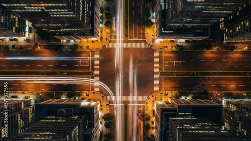 Aerial top-down timelapse of a busy city intersection at night, with glowing car light trails illustrating data flow, technology, and modern urban infrastructure.
