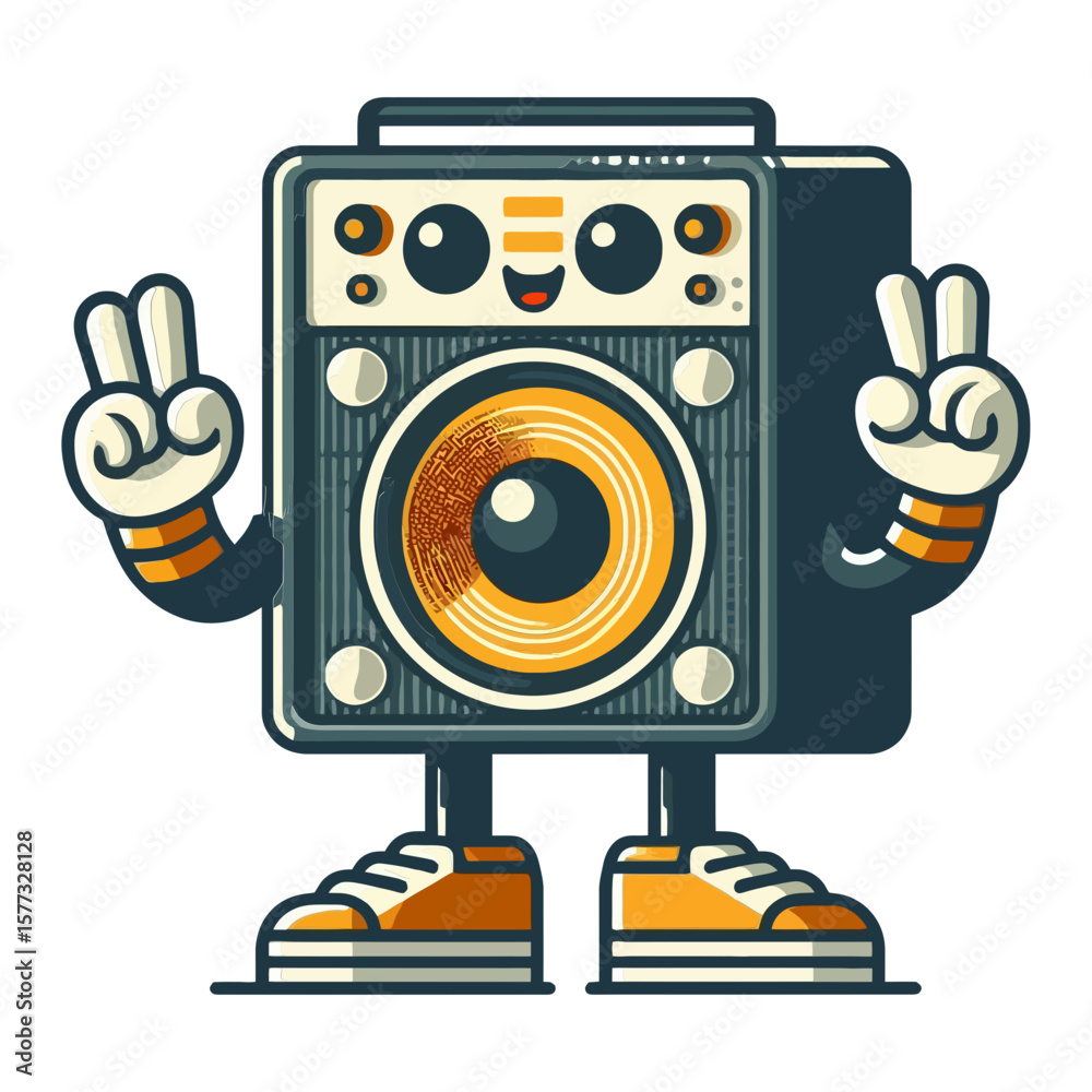 Fototapeta premium playful cartoon speaker icon with a happy face and peace signs is perfect for music blogs, audio tech websites, or entertainment promotions.