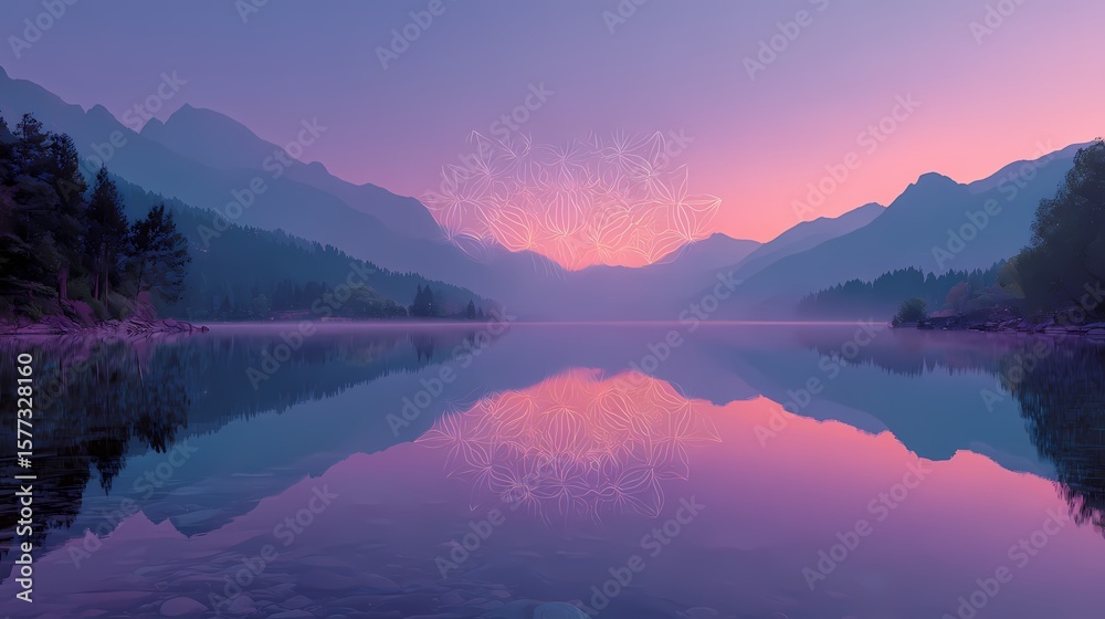 Fototapeta premium Pastel Dawn over Alpine Lake with Floating Mandala Networks