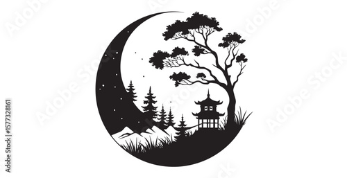 Serene japanese landscape with pagoda and pine trees under crescent moon silhouette