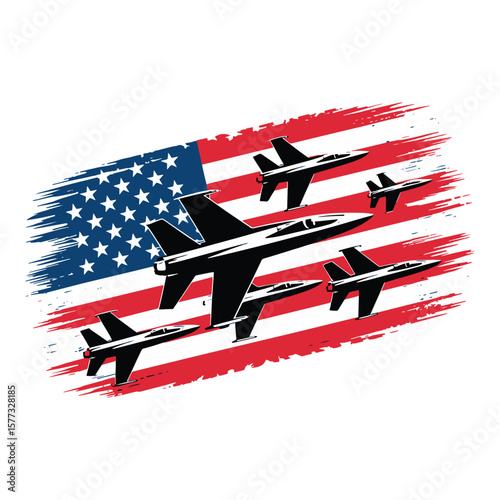 Stylized USA flag with flying jet silhouettes in patriotic red, white, and blue colors. Vector illustration design.