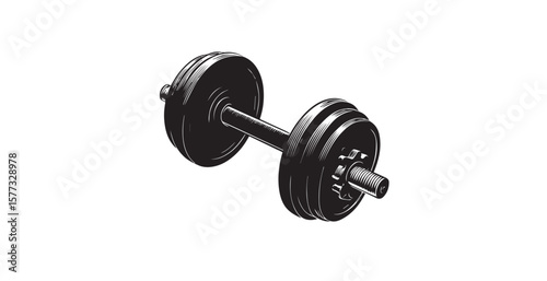 Vintage dumbbell with textured weight plates and shadow silhouette