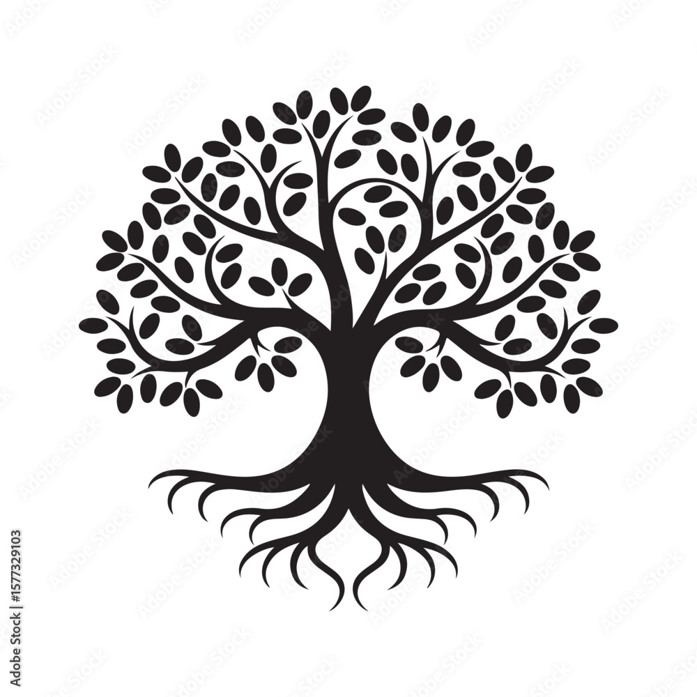 Obraz premium Tree Silhouette with Detailed Branches and Roots — Ideal for Decorative Art, Logos, and Symbolic Designs
