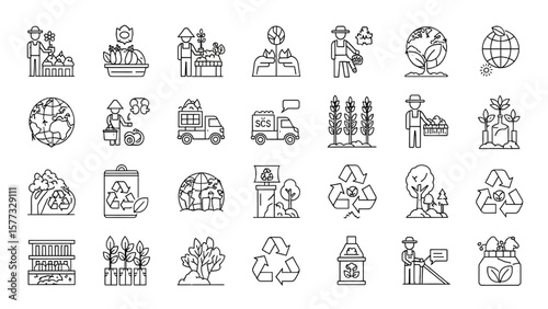 Fair Trade and Sustainability Line Icon Set – Ethical Practices, Eco-Friendly, Global Responsibility Vector Illustration


