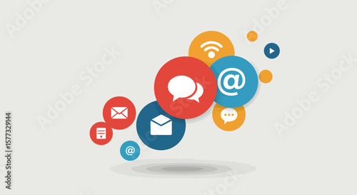 Communication Concept Colorful icons depicting email, chat, wifi, and other messaging applications floating on a white background.