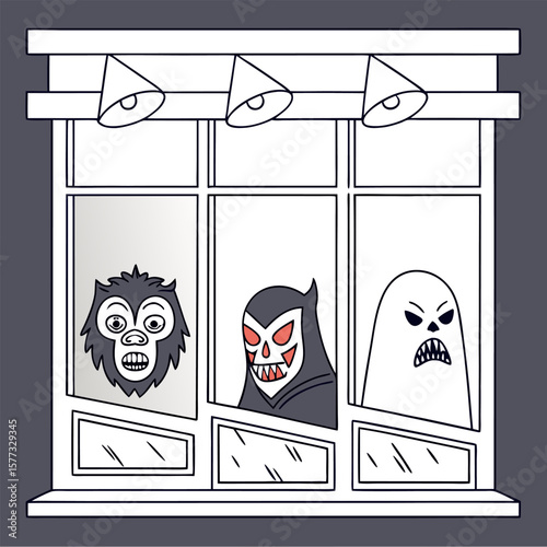 Illustration of a monster dance party with a frankenstein witch and mummy on a purple background design
