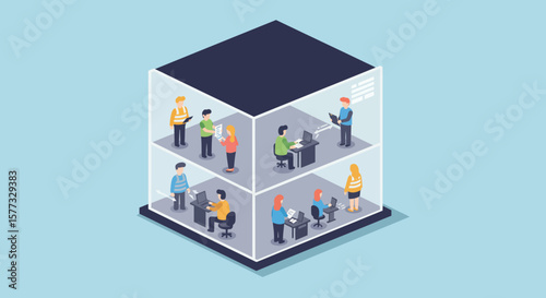 Conceptual Isometric Office Team Collaboration in a Transparent Cubical Workplace for Innovation and Productivity