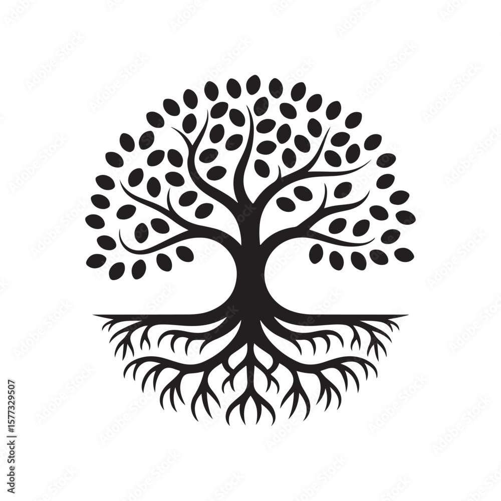 Obraz premium Tree Silhouette with Detailed Branches and Roots — Ideal for Decorative Art, Logos, and Symbolic Designs