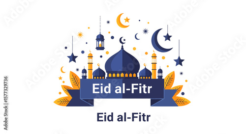 Festive Eid al-Fitr illustration featuring a mosque, stars, crescent moons, and lanterns.