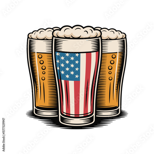 Glass of beer with American flag reflection, celebrating patriotism and fun. Vector illustration design.