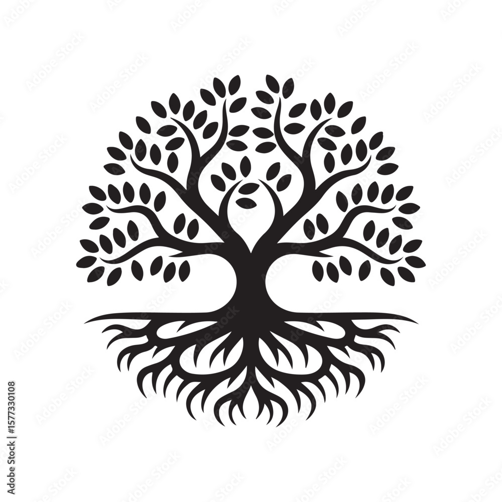 Obraz premium Tree Silhouette with Detailed Branches and Roots — Ideal for Decorative Art, Logos, and Symbolic Designs