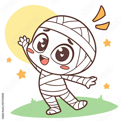 Cartoon mummy with big eyes waving on a green field with a yellow moon and stars in the background