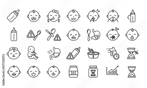 Baby Feeding Icons:  Infant Nutrition, Growth Chart, & Digestive System Illustrations