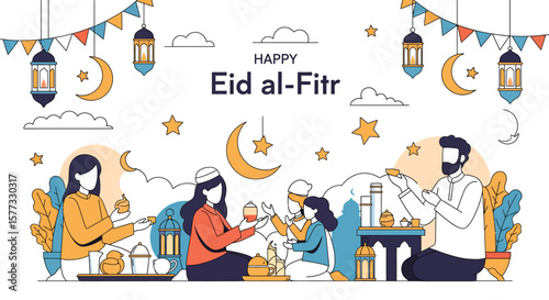 A family celebrates Eid al-Fitr, sharing food and enjoying the festive decorations.