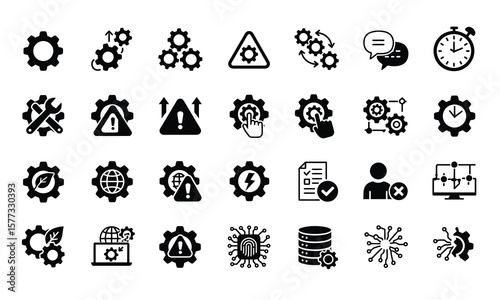Gear Icons: Process, System, Technology, Warning, Repair,  Global, Bio,  Security,  Checklist, Database