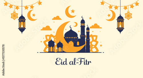 Festive Eid al-Fitr greeting featuring a mosque silhouette, crescent moon, stars, and lanterns.