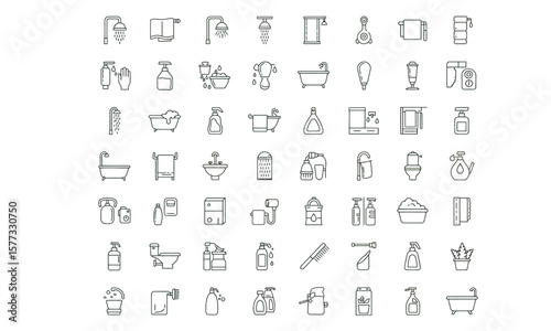 Bathroom Icons, Shower, Bath, Toiletries, Cleaning Supplies, Hygiene, Line Art, Vector Illustration