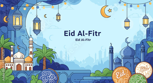A stylized illustration of Eid Al-Fitr, featuring mosques, lanterns, and traditional symbols.