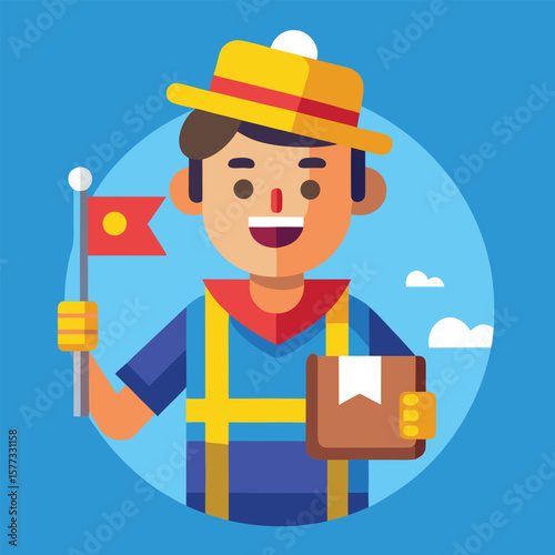 Cheerful delivery man in uniform holding a parcel and flag symbolizing package shipping and services