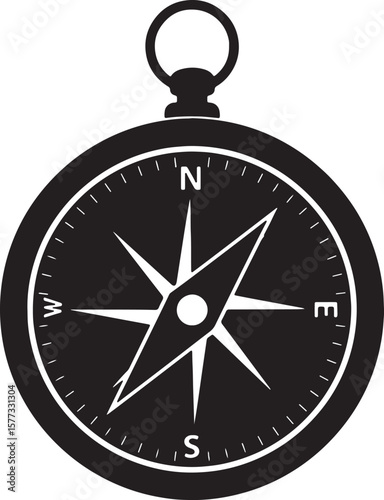 Simple black and white compass illustration showing north south east and west directions for navigation