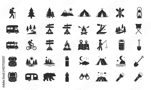 Camping Icons: Hiking, Tent, Kayak, Fishing, Adventure Symbols