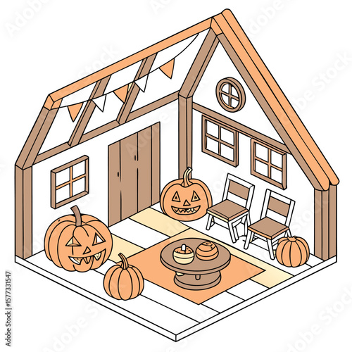 Isometric halloween house interior with pumpkins chairs table and hanging pennant banner decoration design