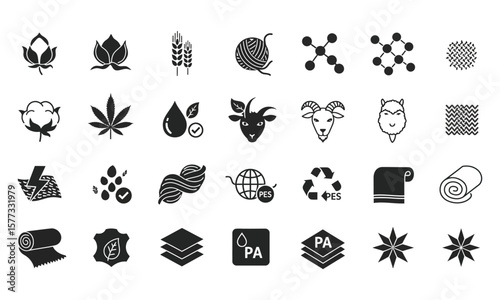 Textile Fiber Icons: Cotton, Hemp, Wool, Goat, Polyester, Recycling, Fabric Textures