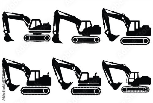 hydraulic excavator construction machinery vector illustration. Machinery Icons. Silhouette Set of Excavators and Construction Machinery Icons – Black Heavy Equipment Vectors for Industrial 