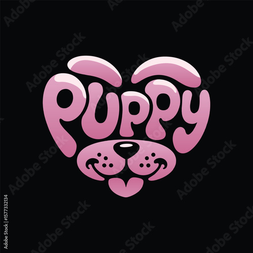 Pink puppy wordmark forming a heart-shaped dog face. Vector illustration design.