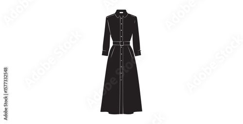 Elegant black maxi shirt dress with white piping and belt silhouette