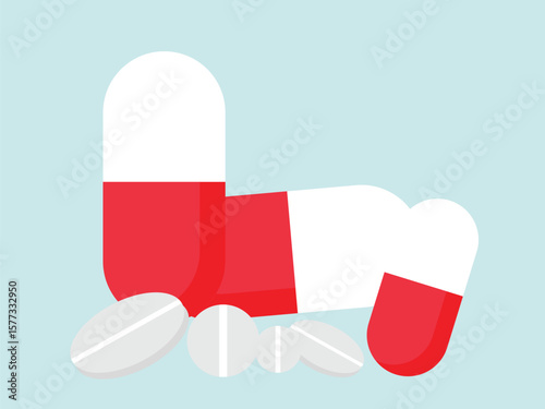 Medication Capsules Red and White Pill and Tablet Illustration for healthcare and treatment