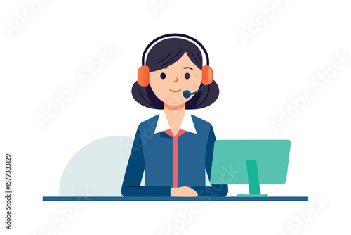 Friendly female customer service representative wearing headset at computer desk