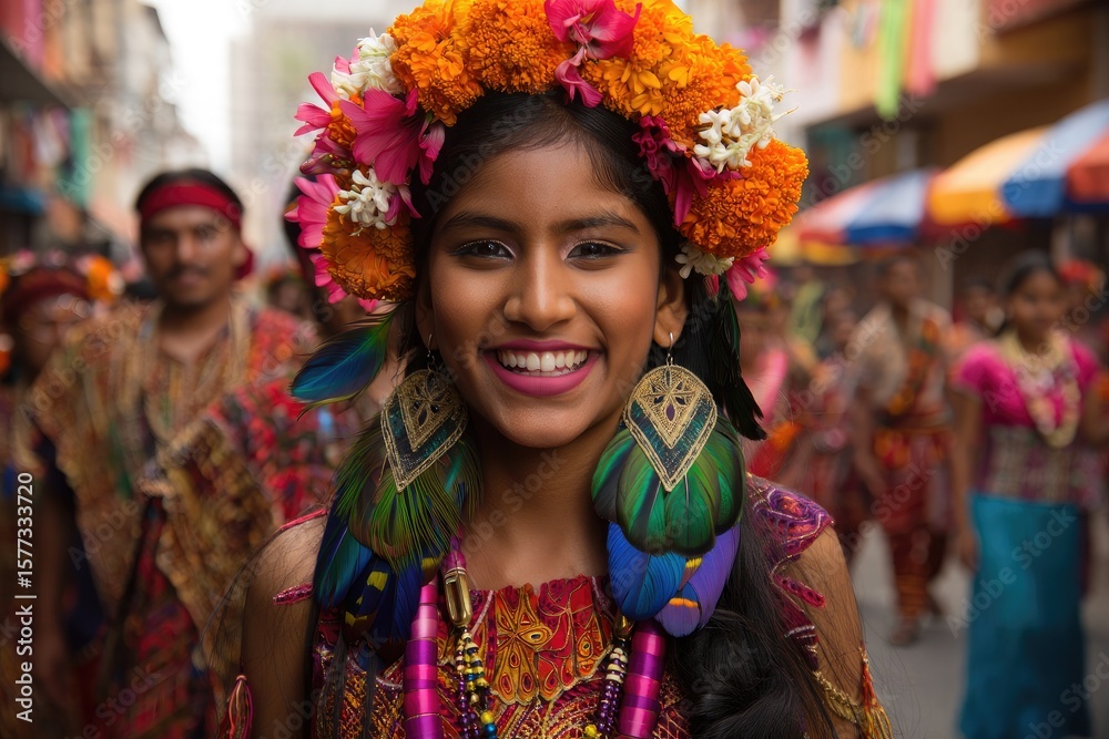 Fototapeta premium Smiling girl wearing floral crown and feather earrings in a festive street parade with people