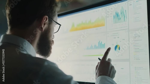Data analyst reviewing financial charts and graphs on a large computer screen display
