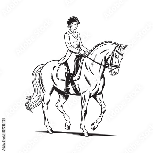 Horse rider in elegant attire riding a horse in sketch style, ideal for equestrian t-shirt prints vector illustration design.