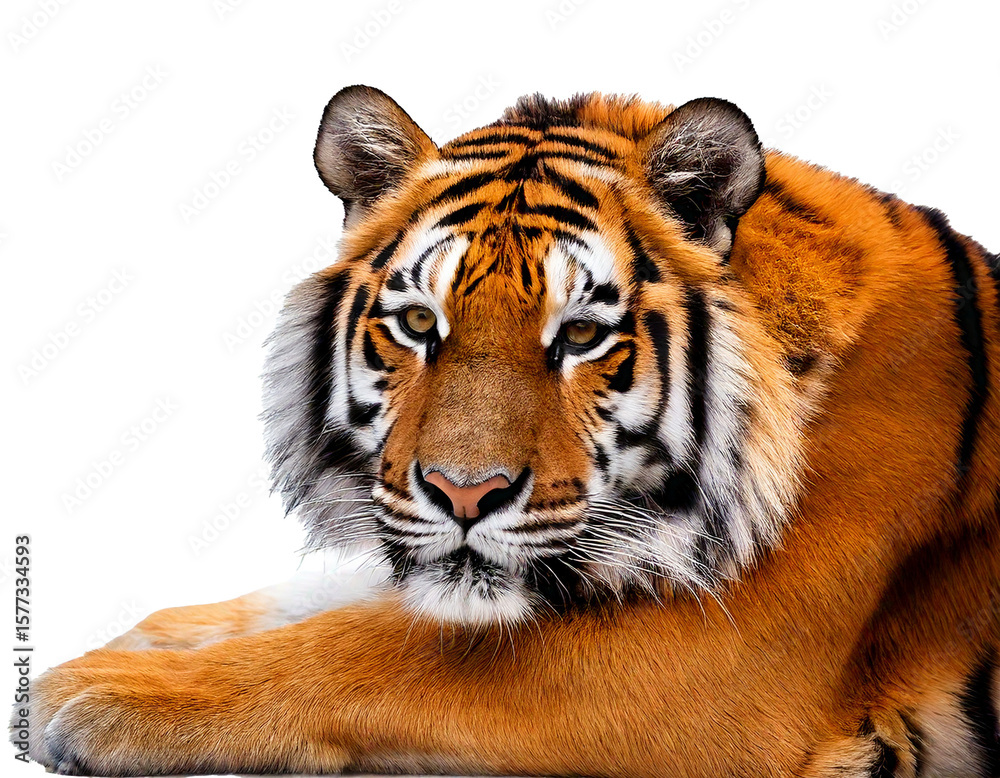 Fototapeta premium Tiger, predator, feline, resting on ground with eyes half-closed, showing calm strength and elegance. Its powerful body and detailed stripes are clearly visible, perfectly isolated on a clean white ba