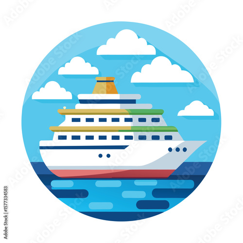 Modern stylized illustration of a cruise ship sailing on the ocean with clouds and a blue sky background.