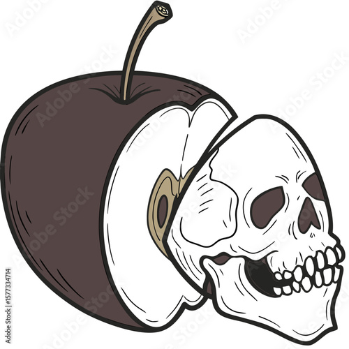 Illustration of an apple cut open to reveal a skull inside, with a visible stem on the apple top