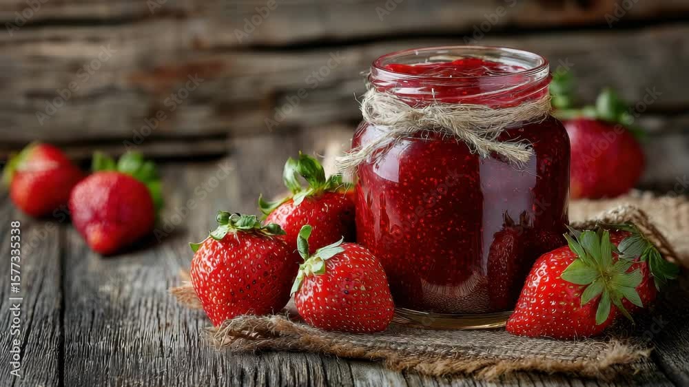 Strawberry jam in a glass jar with a rustic twine tie and fresh strawberries on a wooden surface