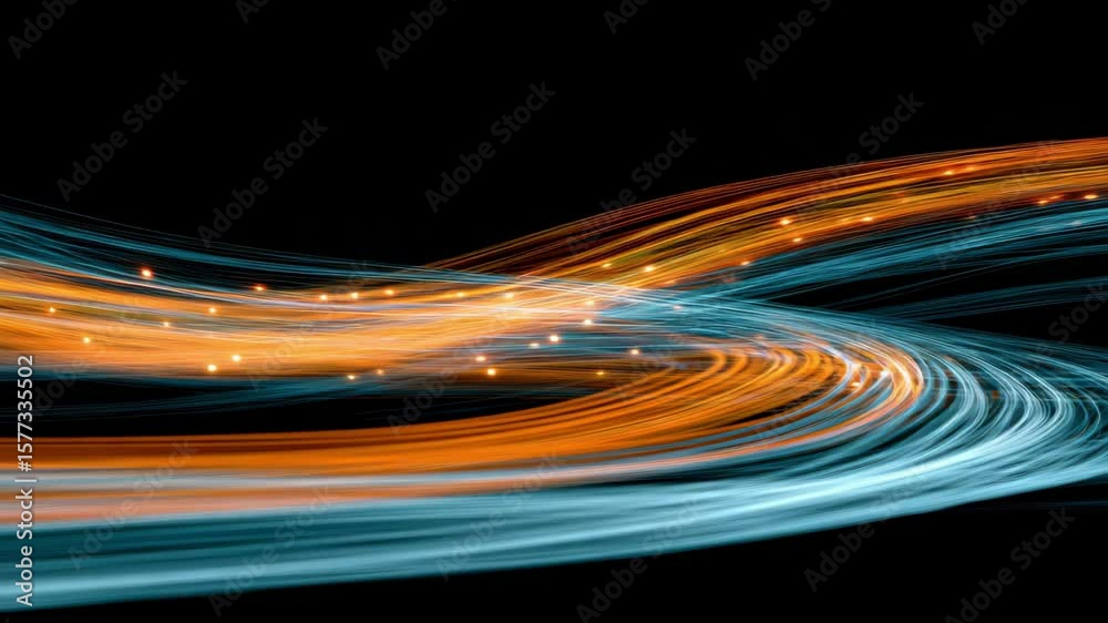 Luminous orange and blue streaks flow in parallel lines with glowing dots against a black background
