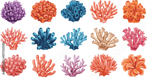 Colorful coral reef set, vibrant marine life clipart, tropical underwater ecosystem illustration, ocean biodiversity elements for sea life design