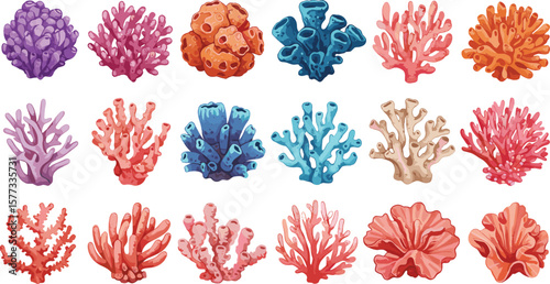 Colorful coral reef set, vibrant marine life clipart, tropical underwater ecosystem illustration, ocean biodiversity elements for sea life design